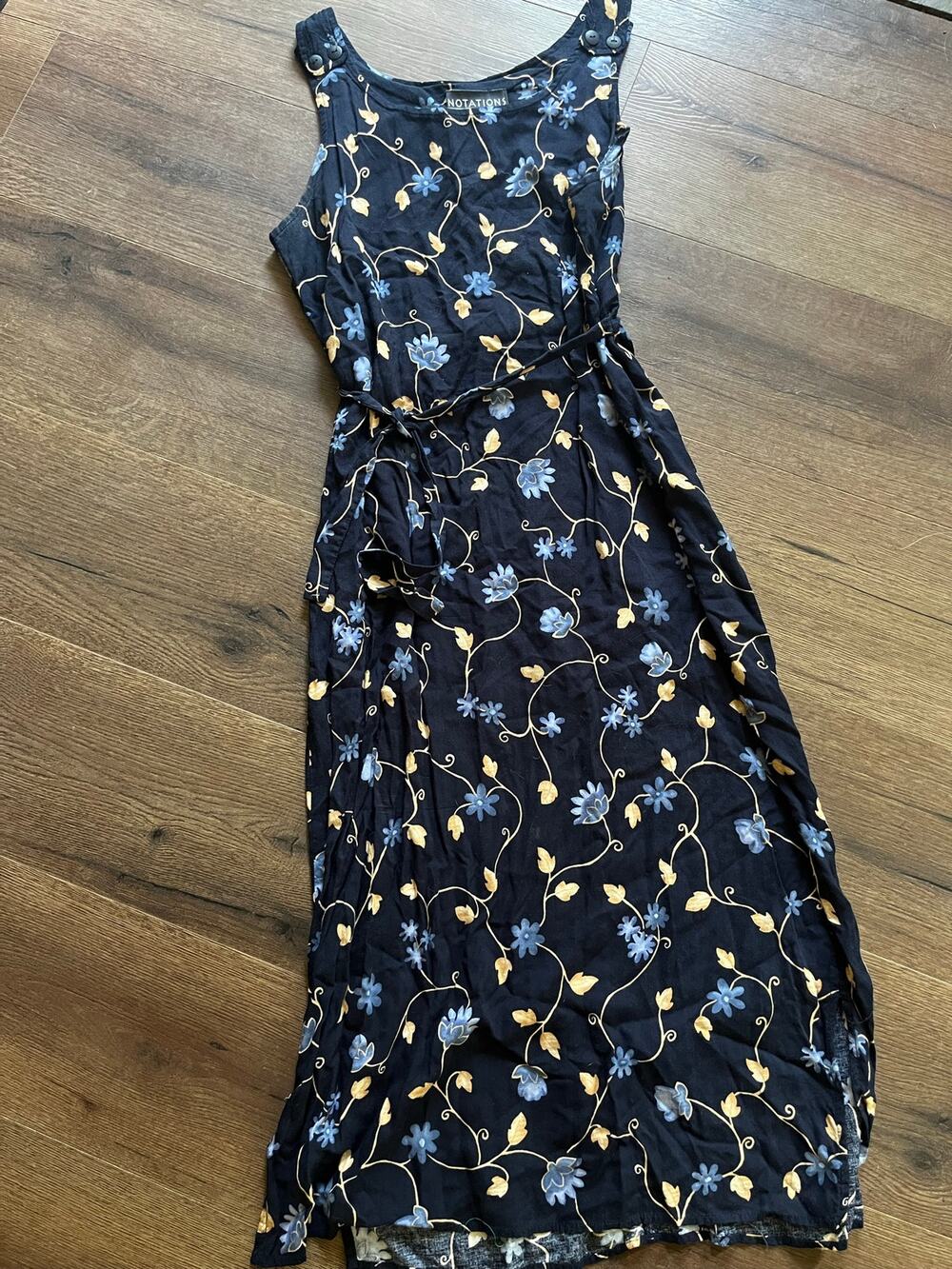 Vintage Notations Petite Floral Maxi Dress Made in USA Navy Blue Cottagecore M